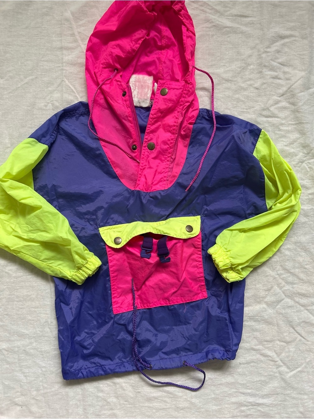 Vintage Neon Windbreaker Pullover - Purple, Hot Pink & Neon Yellow